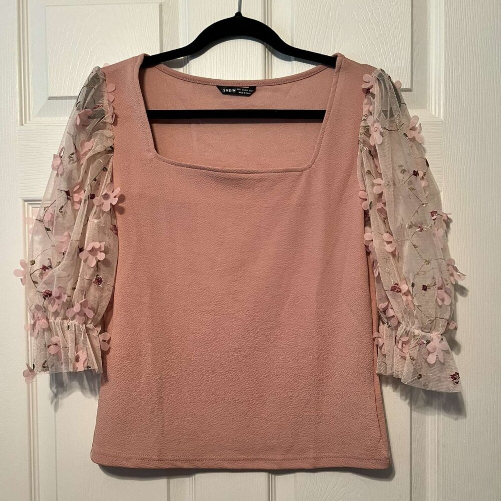 SHEIN Flower Applique Mesh Sleeve Top (Large)
